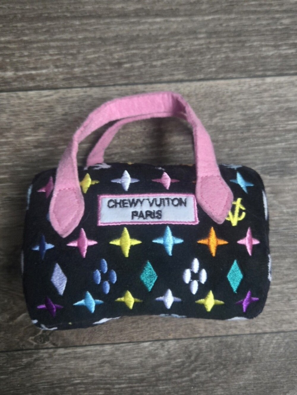 Haute Diggity Dog Chewy Vuiton Plush Handbag Purse Dog Toy Black Multicolor NWOT